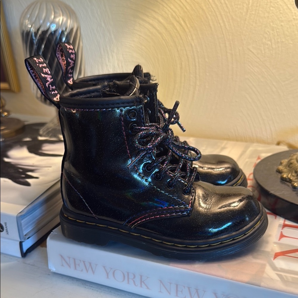 Dr. Martens Kids Black Boots with Pink Stitching